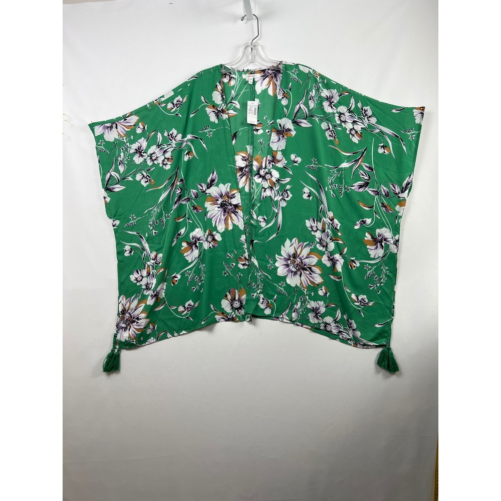 Maurices Kimono Wrap Womens One Size Green Floral Tassel Open Front Cardigan